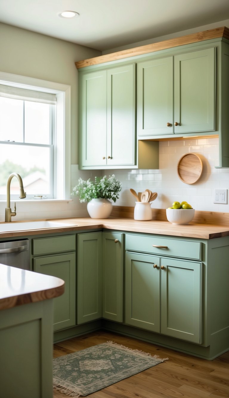 Green Kitchen Ideas | v2 skqrw 0e59b A serene kitchen with sage green cabinets and cream countertops, accented with natural wood and soft lighting