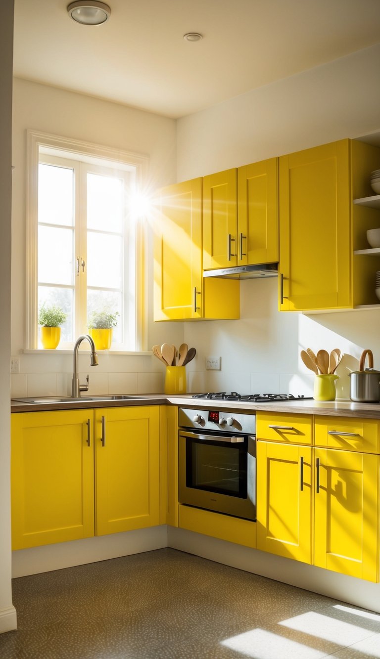 Yellow Kitchen Ideas | v2 skqwi 38ip4 Bright yellow cabinets stand out against a white wall, with sunlight streaming in through a window, casting a warm glow over the kitchen
