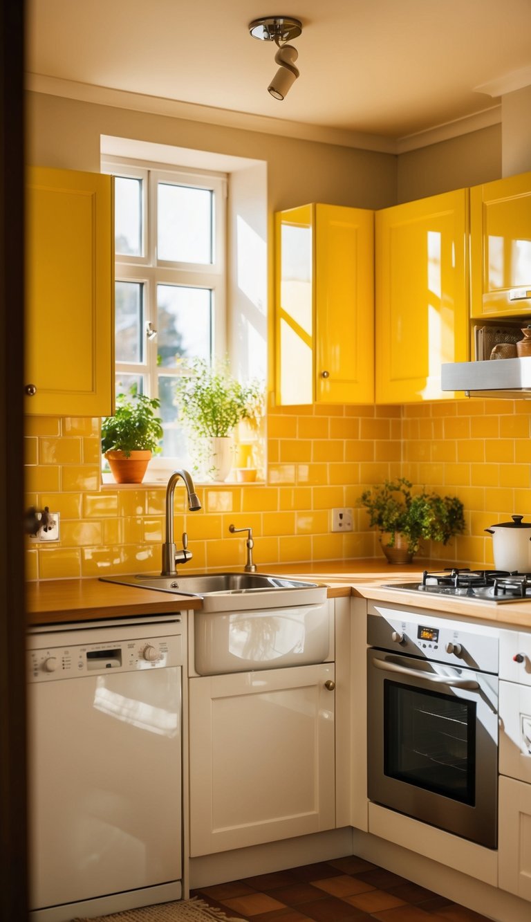 Yellow Kitchen Ideas | v2 skqwq pvfd9 A bright kitchen with yellow tiles reflecting sunlight, creating a warm and inviting atmosphere