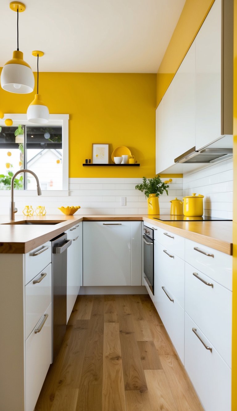 Yellow Kitchen Ideas | v2 skqx5 A bright, modern kitchen with mustard accent walls, sleek white cabinets, and pops of yellow in the decor