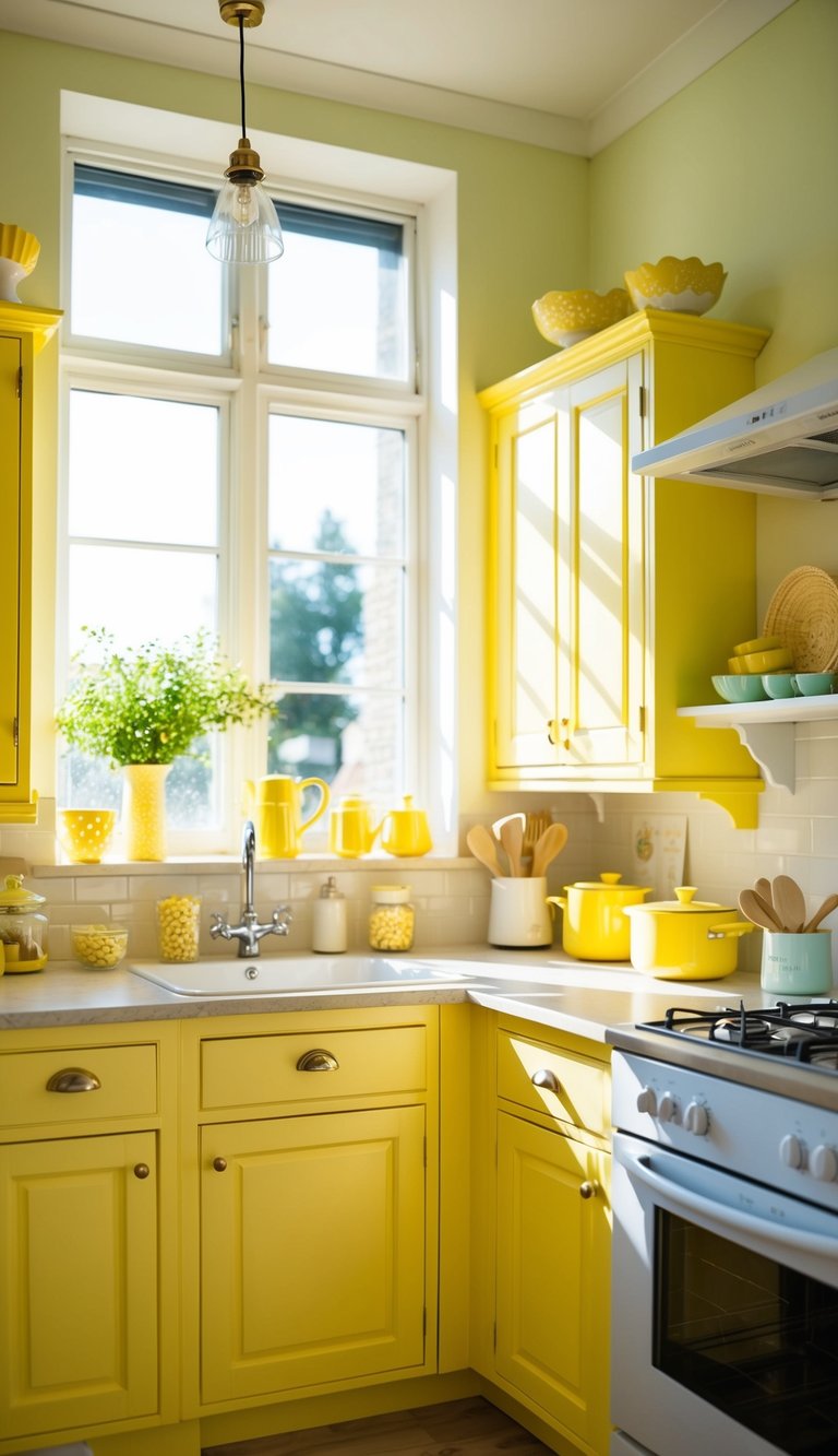Yellow Kitchen Ideas | v2 skqxf wnzhr A bright, pastel yellow kitchen with matching decor and utensils. Sunlight streams in through the window, casting a warm glow over the cozy space