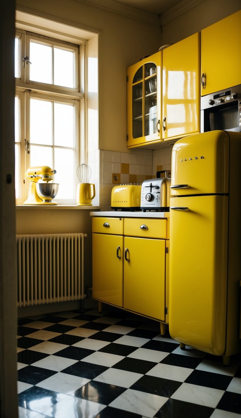 Yellow Kitchen Ideas | v2 skqxu kv9bk A cozy vintage kitchen with yellow appliances, including a retro fridge, toaster, and mixer. Sunlight streams through the window onto the checkered floor