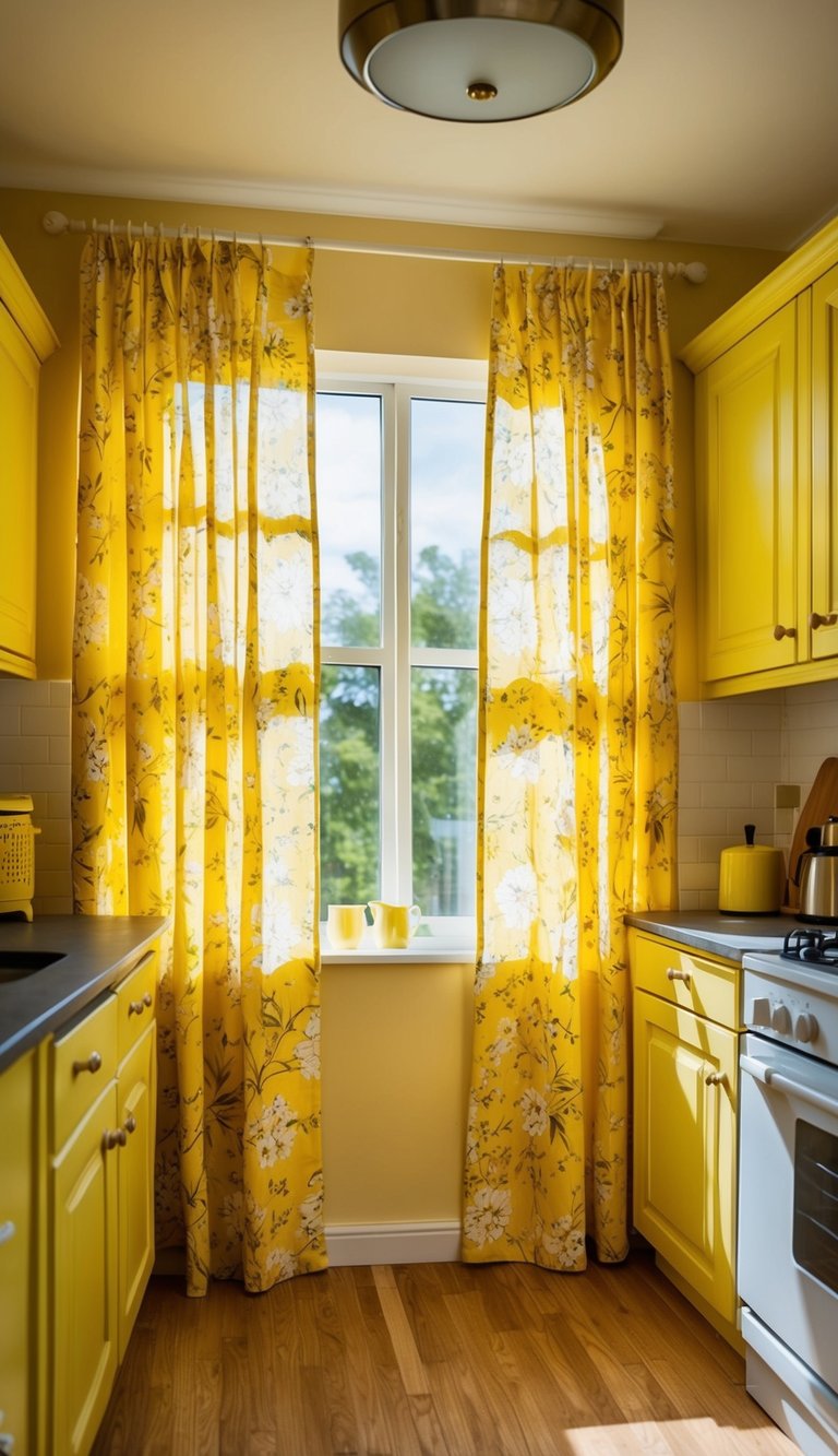 Yellow Kitchen Ideas | v2 skqy3 12zfo Sunlight filters through yellow floral curtains in a cozy kitchen with matching yellow accents