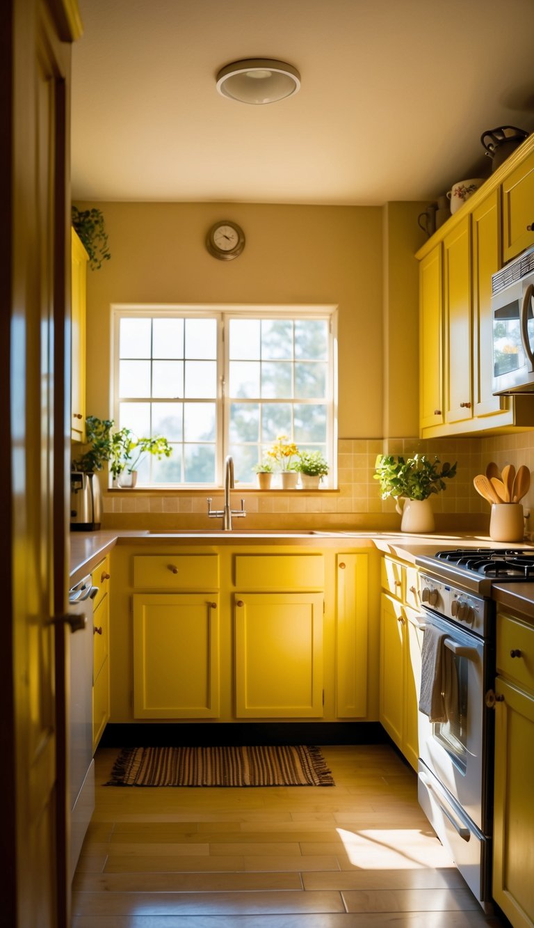 Yellow Kitchen Ideas | v2 skqya k4p8h A cozy kitchen with beige walls, yellow cabinets, and sunlight streaming in through a window, casting a warm glow over the room