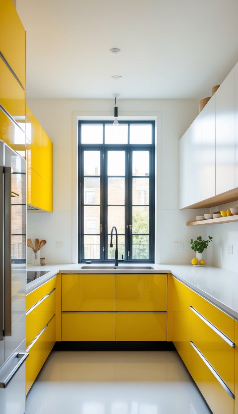 Yellow Kitchen Ideas | v2 skqyh mu1i8 A bright, spacious kitchen with sleek yellow cabinets, minimalist decor, and natural light streaming in through large windows