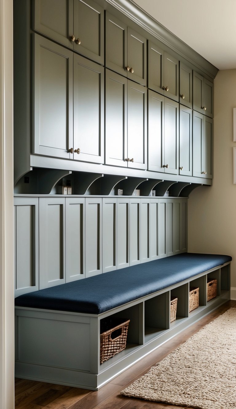 Mud Room Cabinets Ideas | v2 sxqvn mbinq A bench with hidden storage sits against a row of ten mud room cabinets
