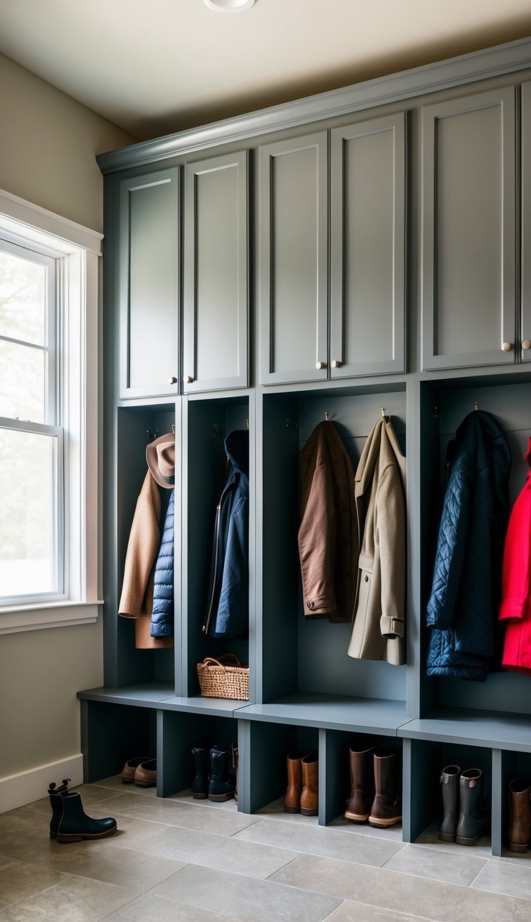 Mud Room Cabinets Ideas | v2 sxqvu kpu1o Tall cabinets neatly arranged in a mud room, storing shoes, coats, and accessories in a vertical and organized manner