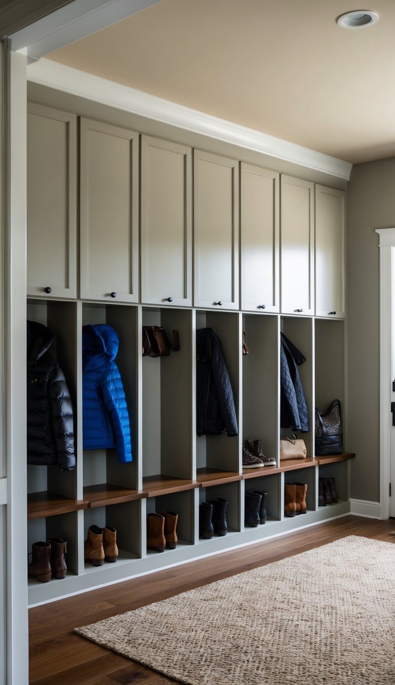 Mud Room Cabinets Ideas | v2 sxqw3 2goma Open cubbies line the wall, each with its own neatly organized contents. Jackets, shoes, and accessories are easily accessible in the well-designed mud room cabinets