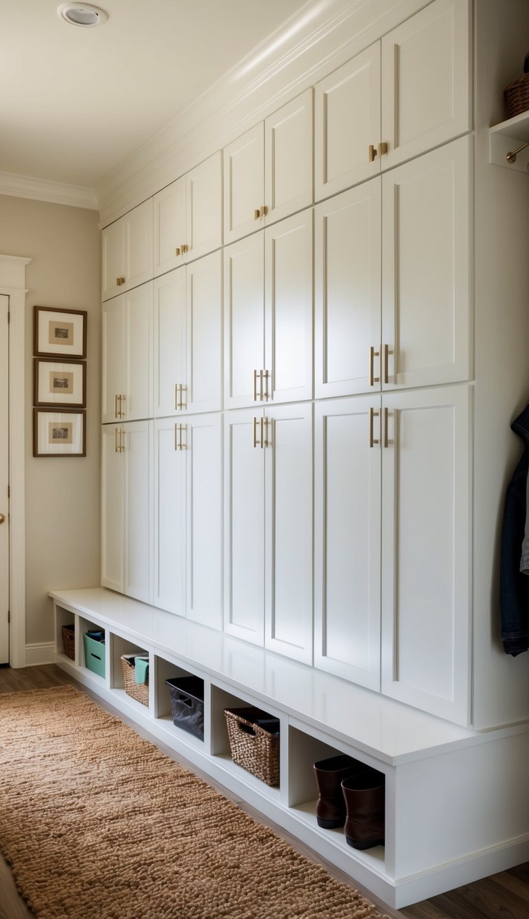 Mud Room Cabinets Ideas | v2 sxqwa g344h A row of sleek, white mudroom cabinets with doors neatly concealing clutter