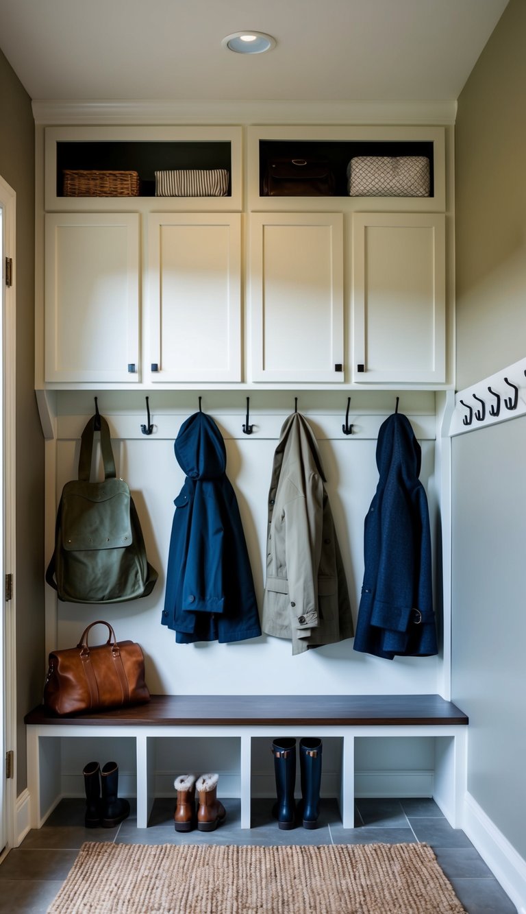Mud Room Cabinets Ideas | v2 sxqwj nrz2j Hooks and cabinets arranged in a mudroom, with space for coats and bags