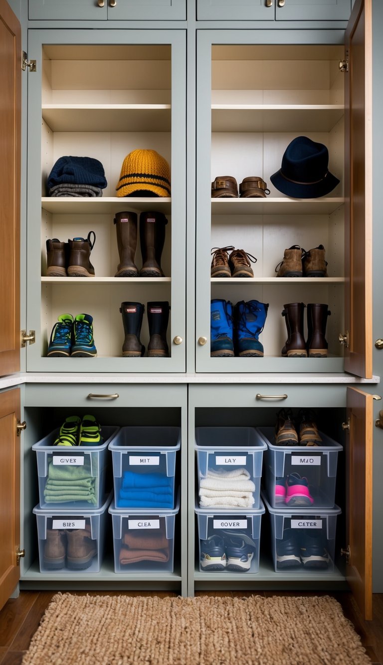 Mud Room Cabinets Ideas | v2 sxqxh ymwmp Clear bins neatly organize mud room cabinets, with labeled categories for shoes, hats, gloves, and other outdoor gear