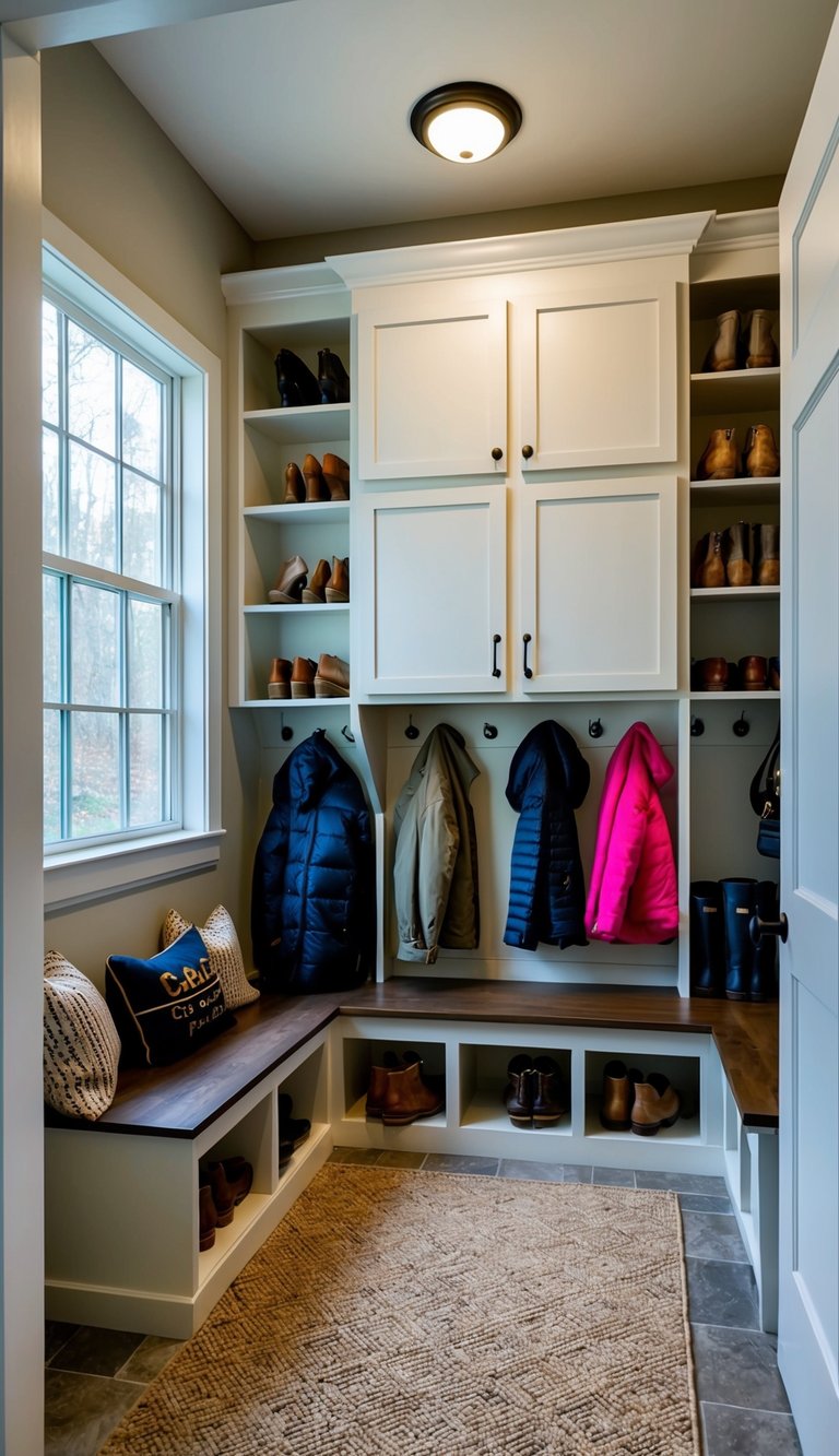 Mud Room Cabinets Ideas | v2 sxqxp 3t9uk A mudroom with a combination of closed cabinets and open shelving, neatly organized with various storage solutions for shoes, coats, and accessories