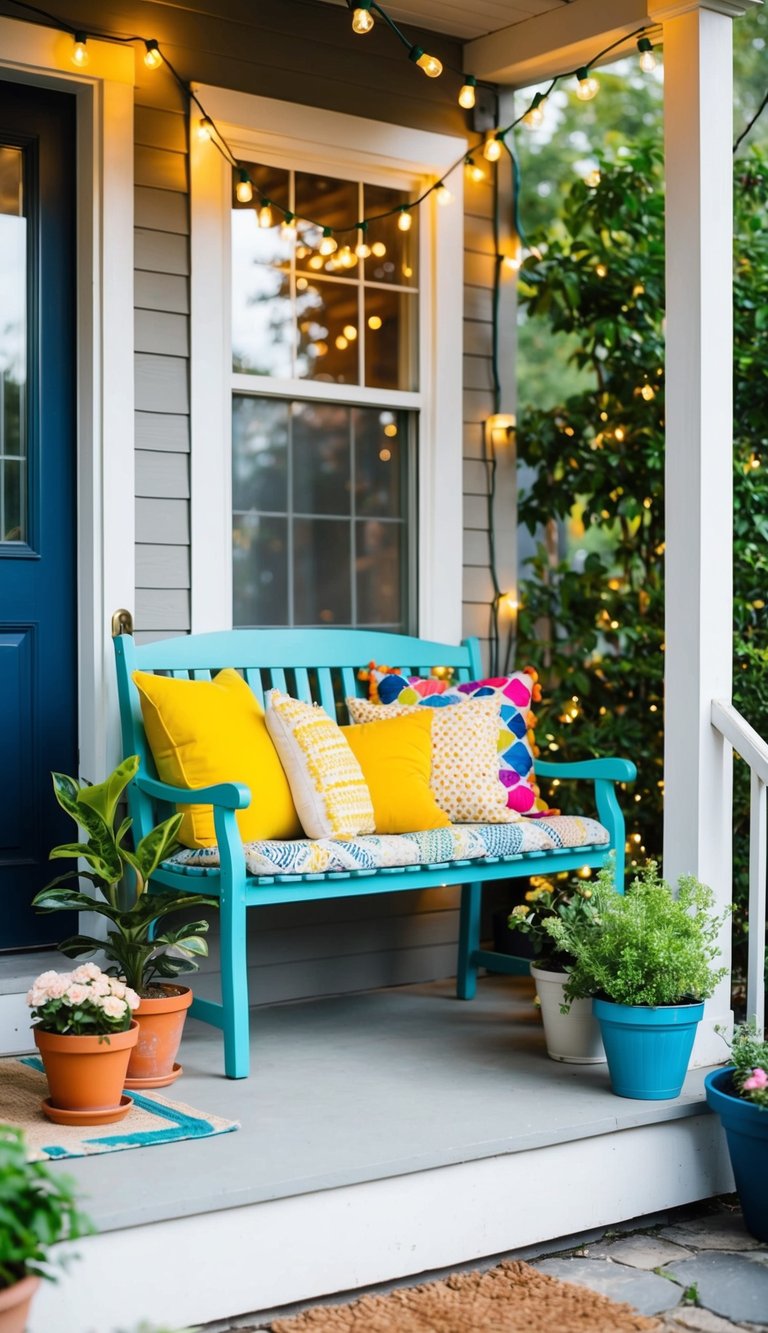 Small Front Porch Decorating Ideas | v2 tnlml lqt3l A cozy bench with colorful cushions sits on a small front porch, surrounded by potted plants and twinkling string lights