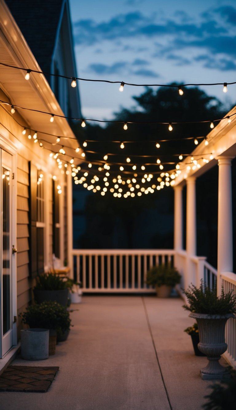Small Front Porch Decorating Ideas | v2 tnlmq ls8e9 String lights hang above a cozy front porch, casting a warm glow in the evening