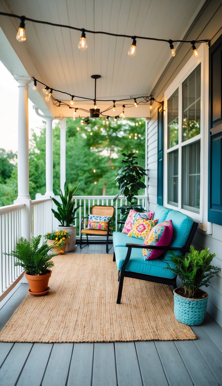 Small Front Porch Decorating Ideas | v2 tnlmx 8u7v9 A cozy front porch with a small outdoor rug defining the seating area, adorned with potted plants, string lights, and colorful throw pillows