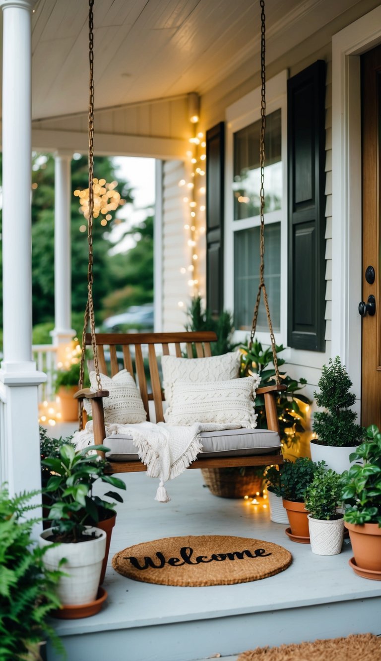 Small Front Porch Decorating Ideas | v2 tnln5 8ggqn A cozy hanging swing chair on a small front porch surrounded by potted plants, fairy lights, and a welcome mat