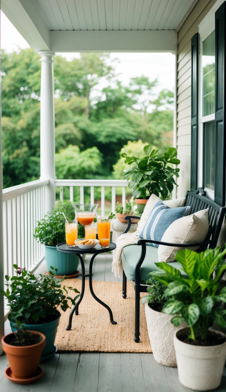 Small Front Porch Decorating Ideas | v2 tnlnj zrjq4 A cozy front porch with a small side table adorned with drinks and snacks, surrounded by potted plants and comfortable seating