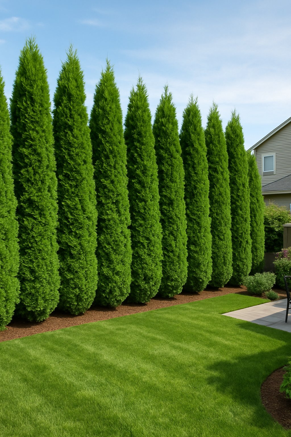 backyard privacy ideas from neighbors | v2 v3bus 17m9d Backyard with tall evergreen arborvitae hedges forming a dense privacy screen along the property line.