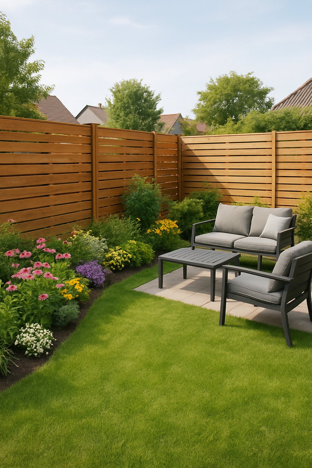 backyard privacy ideas from neighbors | v2 v3bv3 sa48o Backyard with wooden privacy screens made of staggered boards, green grass, flower beds, and outdoor seating area.