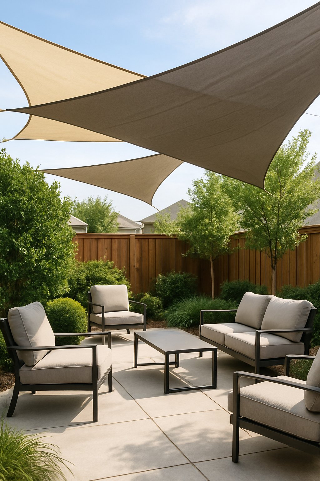 backyard privacy ideas from neighbors | v2 v3bvc Backyard with seating areas shaded by large fabric sails surrounded by plants and privacy fences.