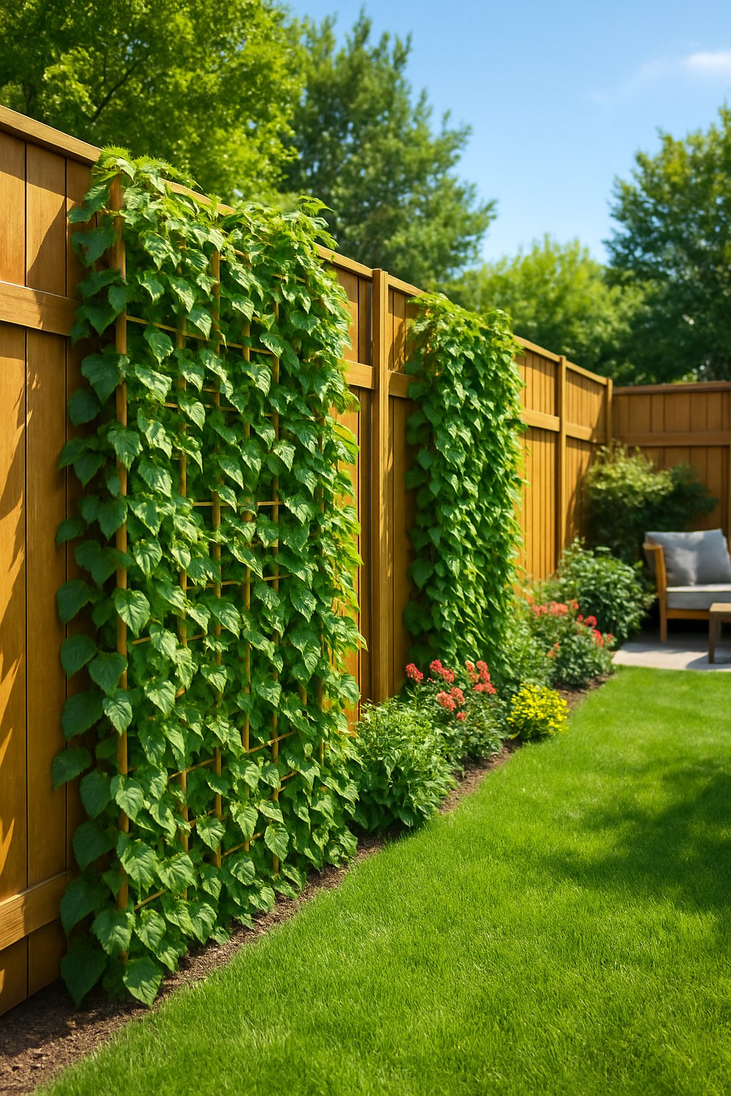 backyard privacy ideas from neighbors | v2 v3bvl 5n9rr Backyard with wooden fences covered by green climbing vines on trellises, surrounded by grass and plants.