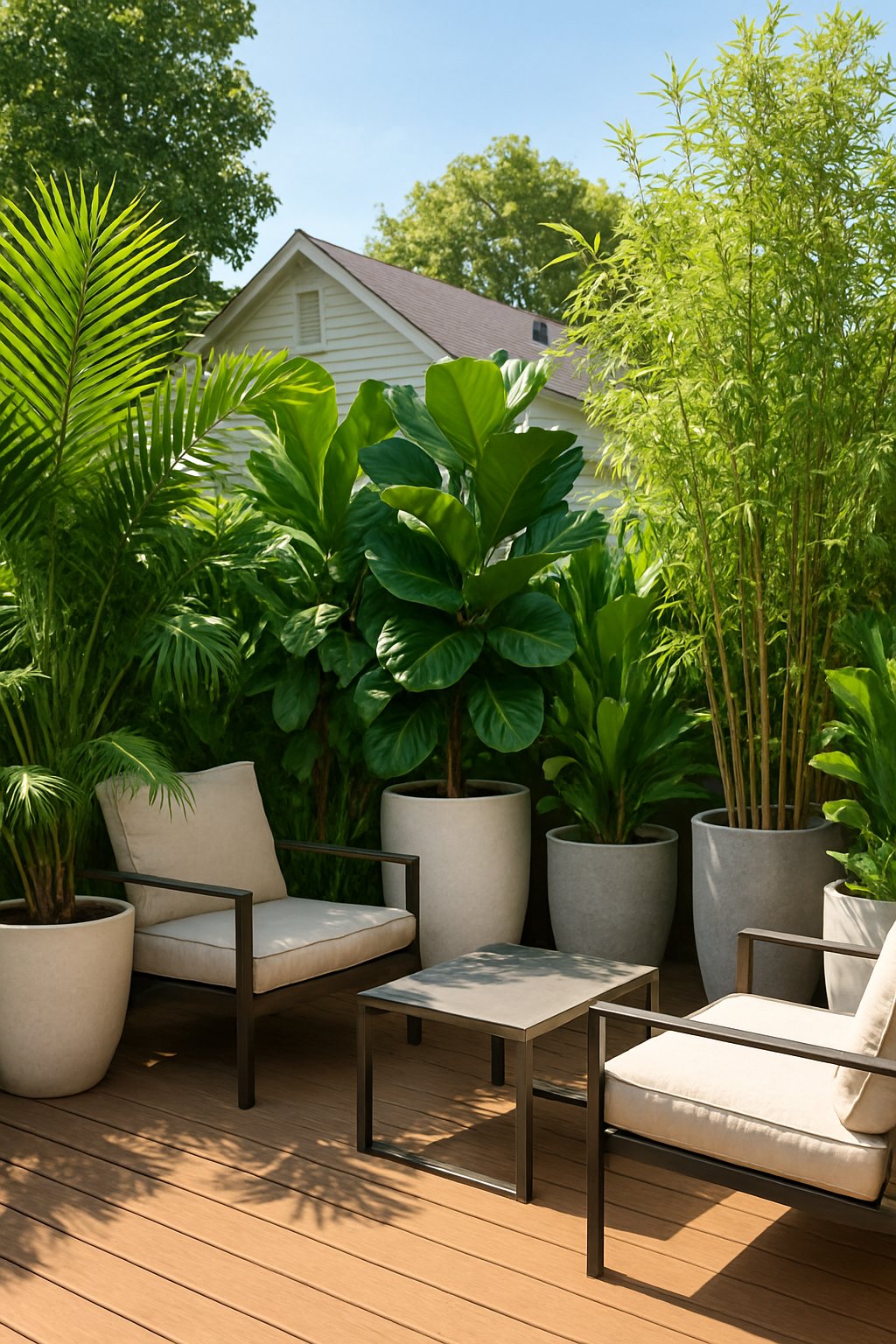 backyard privacy ideas from neighbors | v2 v3bwc A backyard deck with large potted plants arranged around the edges to create privacy, featuring outdoor furniture and a neighboring house partially visible behind the plants.