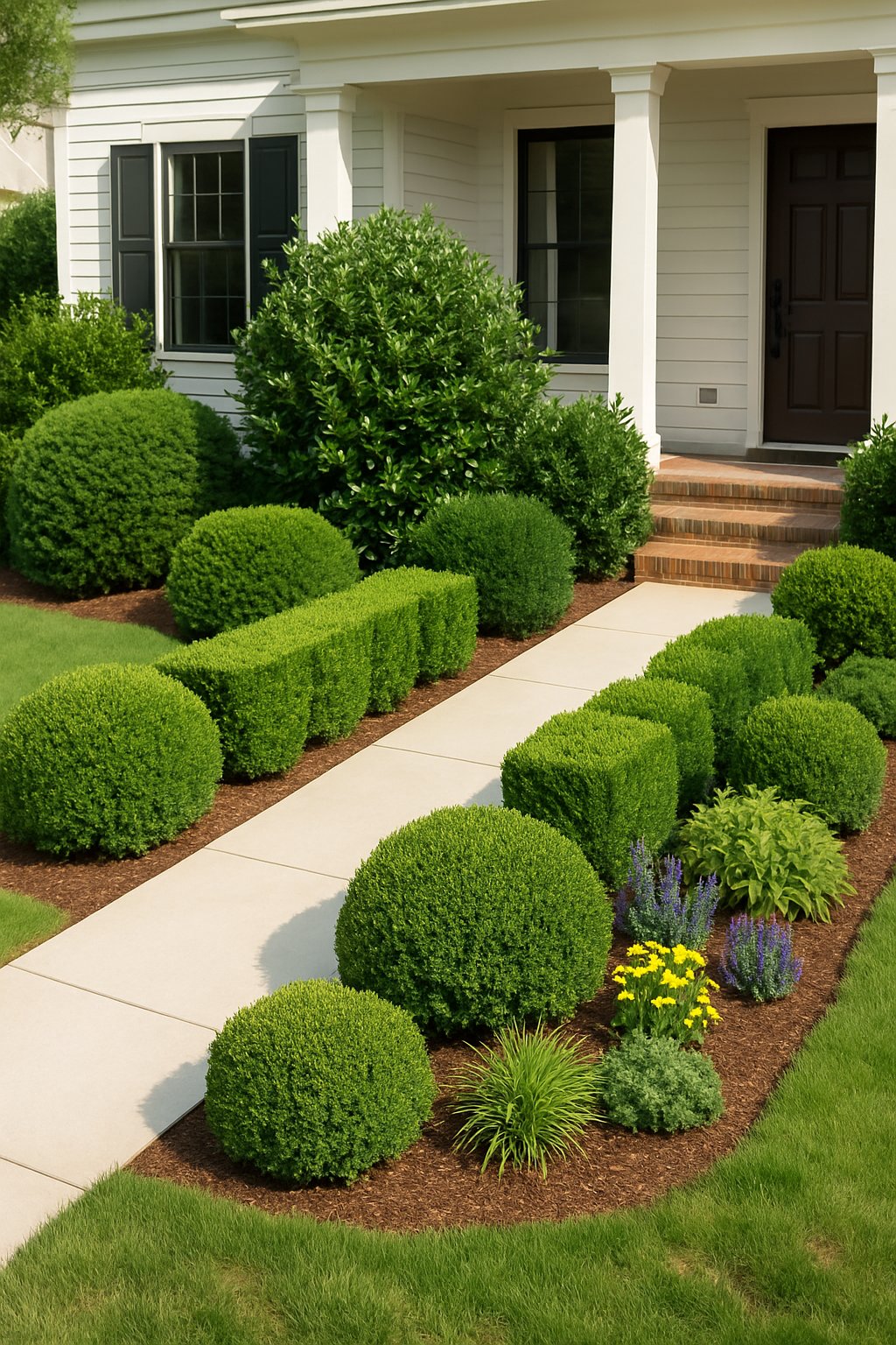 front of home landscaping ideas | v2 v3ifa 323pe Front yard with evergreen boxwood and holly shrubs arranged around a house, showing neat landscaping and greenery.