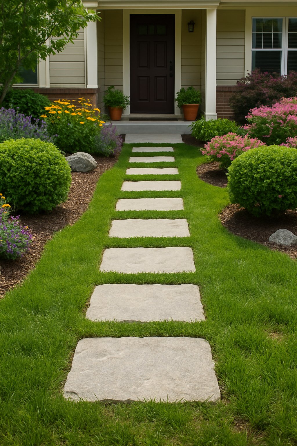 front of home landscaping ideas | v2 v3ifj vu7jr A front yard with a stepping stone path leading to a house entrance surrounded by plants and greenery.