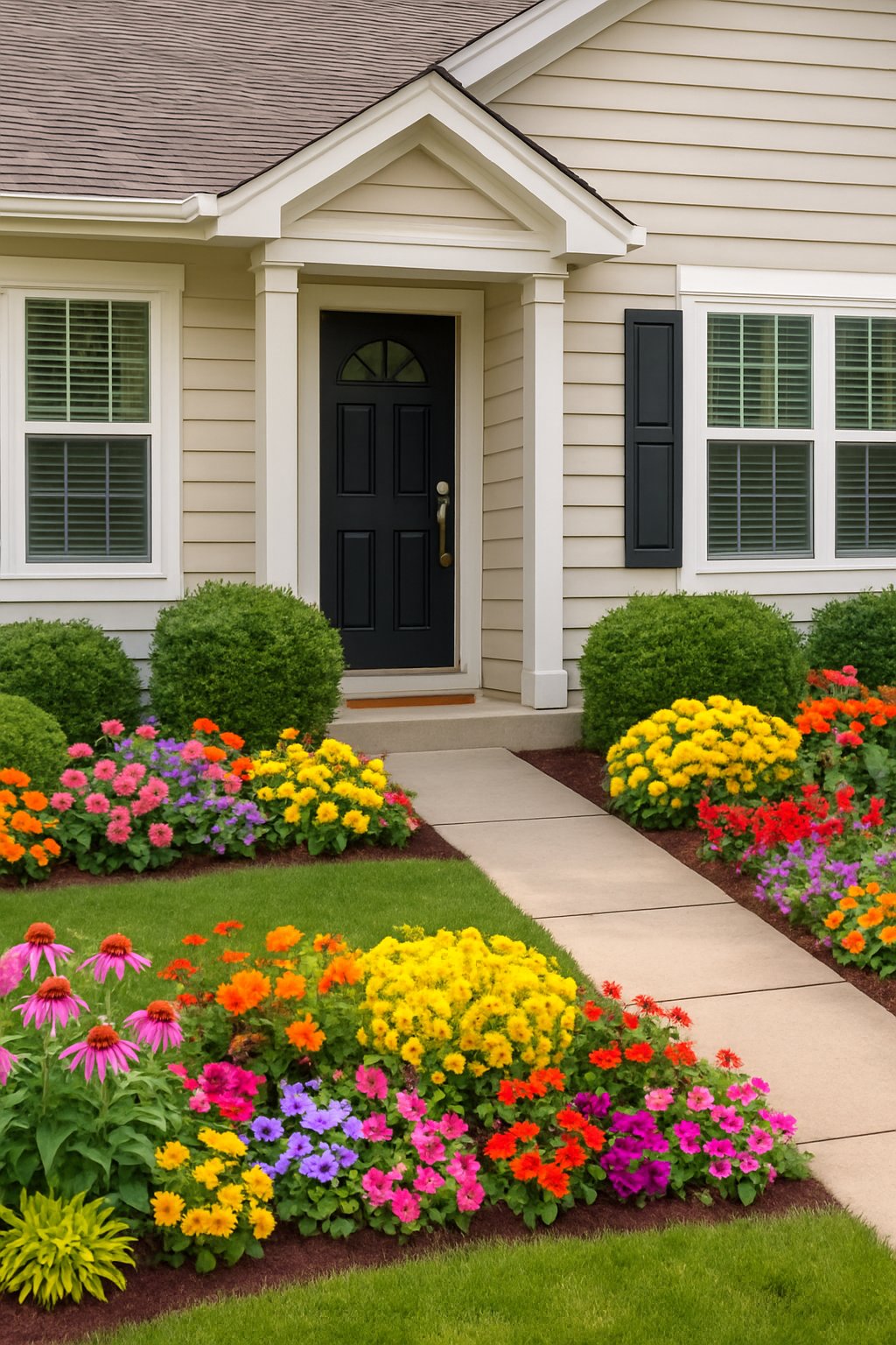 front of home landscaping ideas | v2 v3ifu Front view of a house with low flower beds planted near the foundation, surrounded by green shrubs and a manicured lawn.