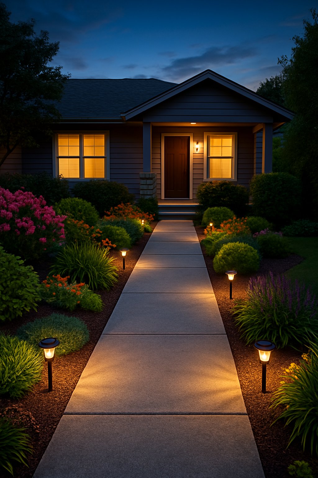 front of home landscaping ideas | v2 v3igd olcvh Front yard walkway at dusk with solar garden lights glowing softly along the path surrounded by plants and flowers.