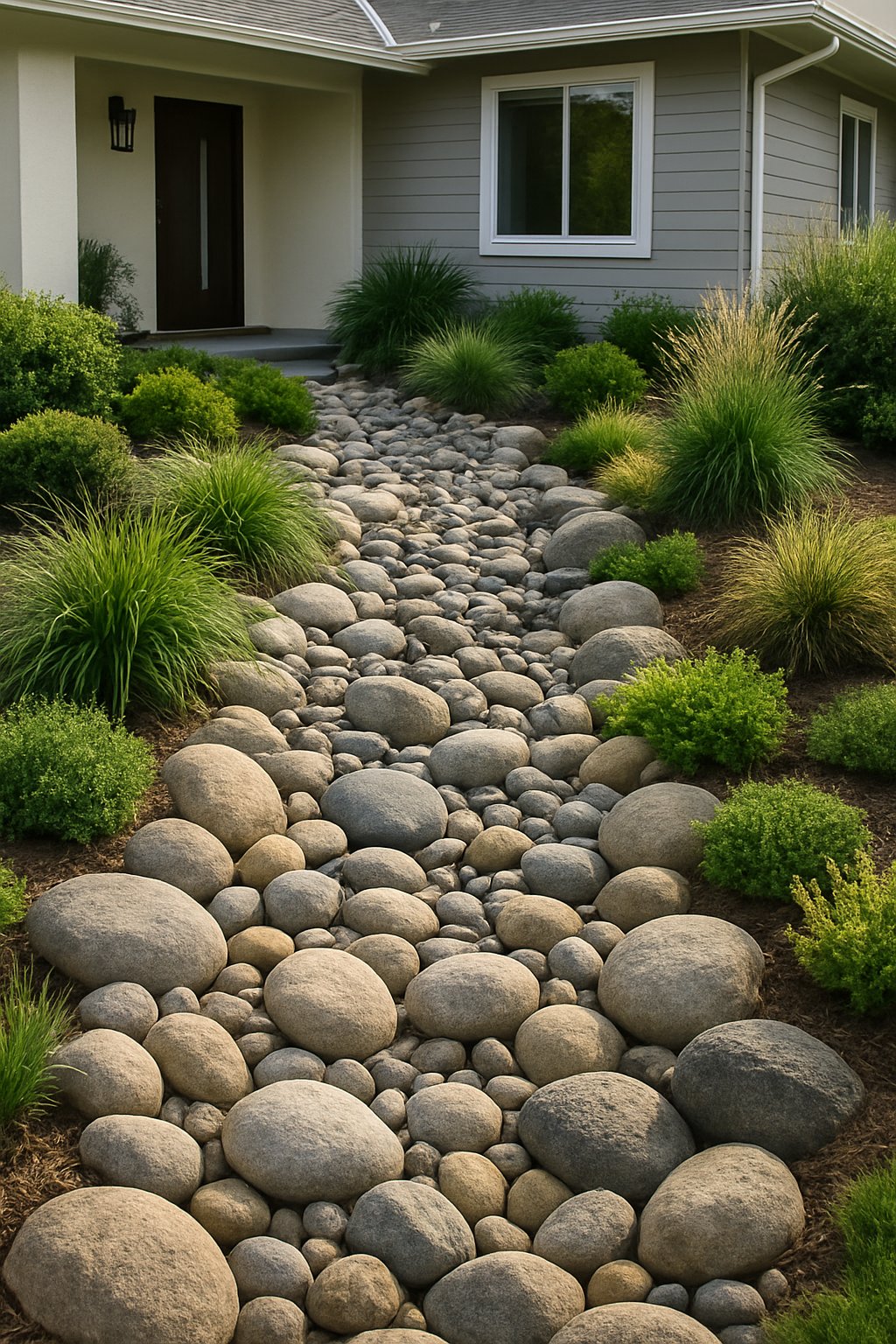 front of home landscaping ideas | v2 v3igk g8yjs A dry creek bed with smooth stones and green plants in front of a modern house.