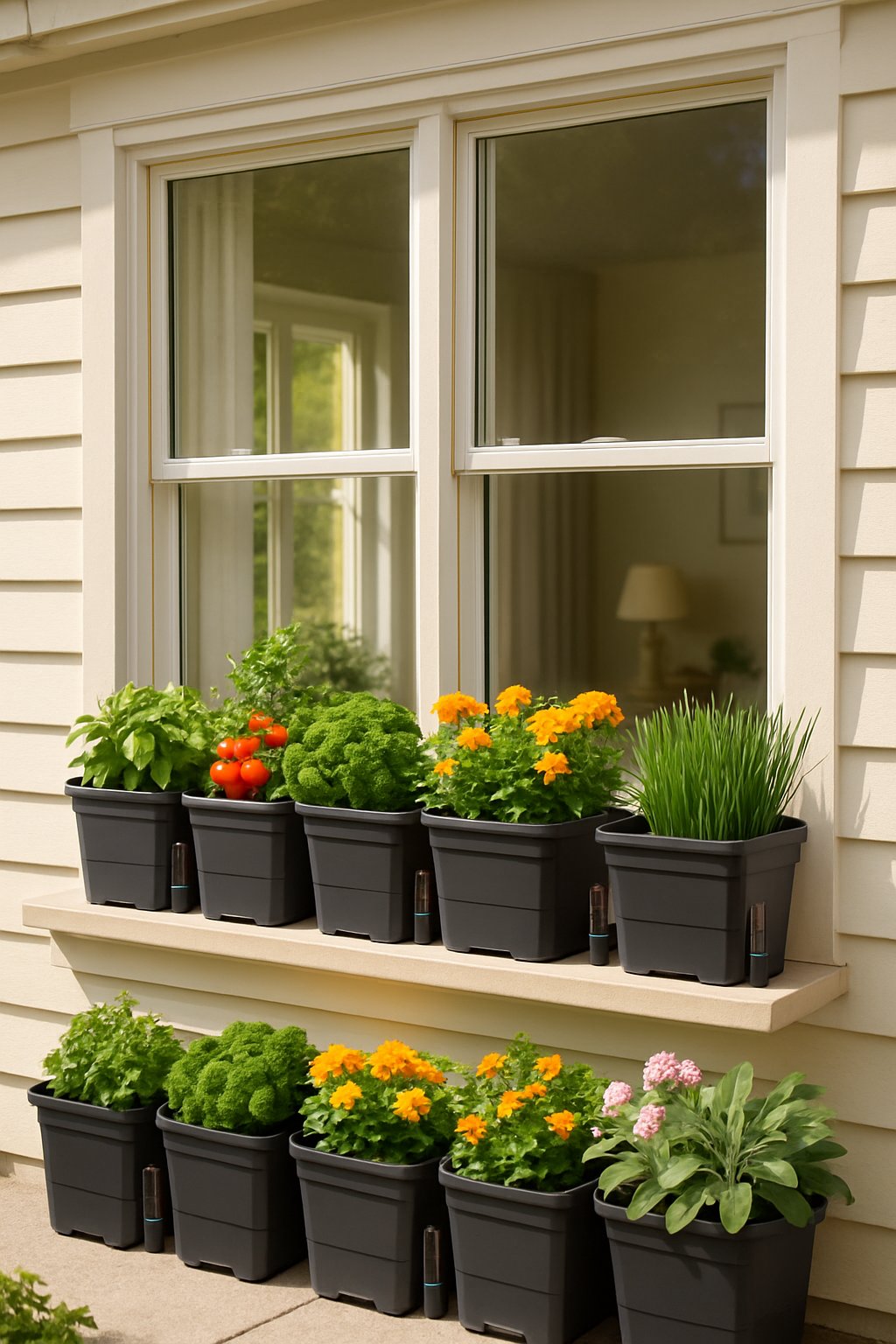 A sunny home window with seven self-watering window boxes filled with healthy plants and herbs.