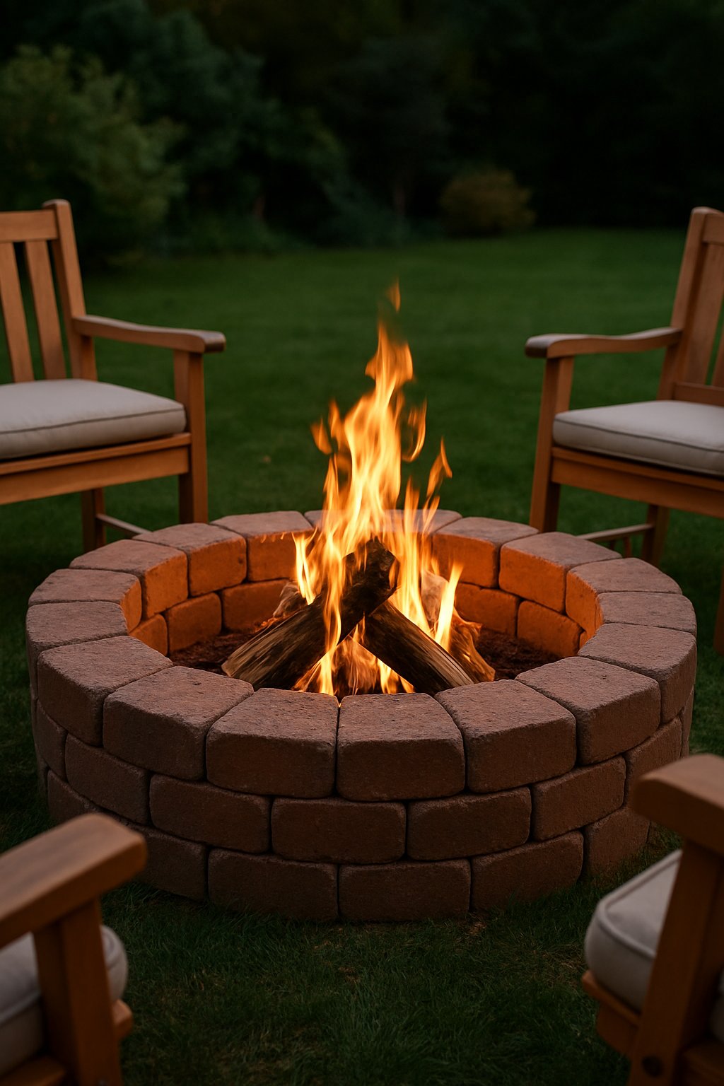 A backyard with a simple brick fire pit lit with flames, surrounded by outdoor seating and greenery.
