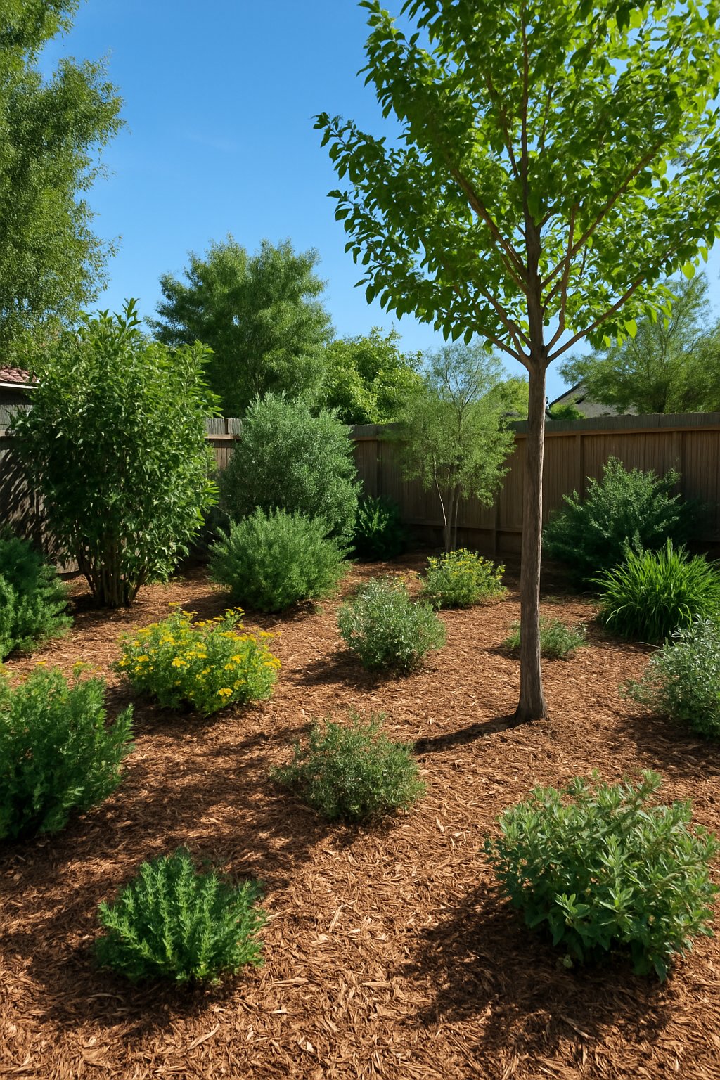 A backyard garden with native trees and shrubs arranged to create a low-maintenance outdoor space.