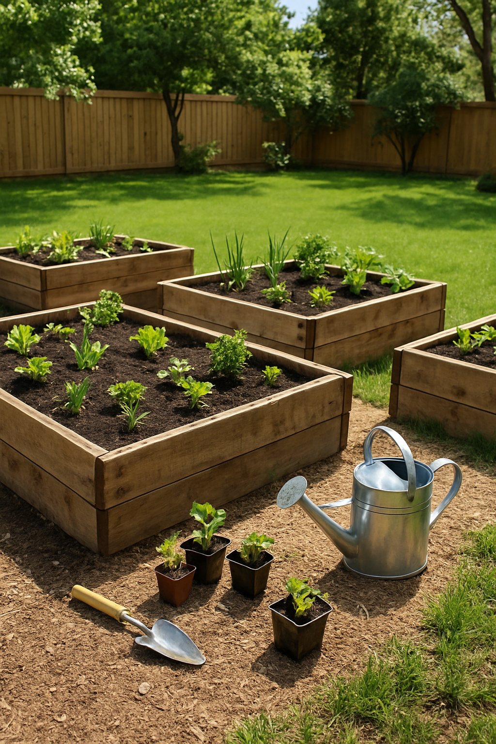 Backyard with several raised garden beds made from reclaimed wood, filled with soil and young plants, surrounded by gardening tools and greenery.