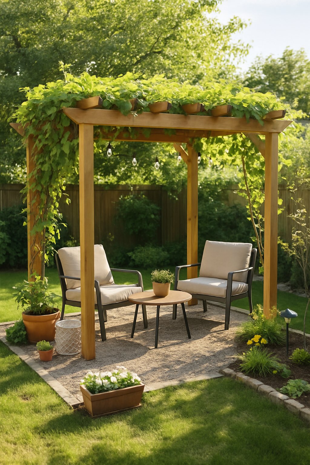 Backyard with a wooden pergola covered in climbing plants providing shade over an outdoor seating area.