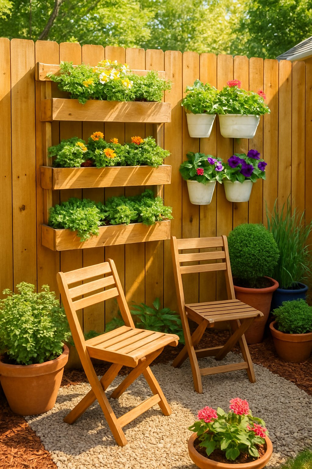 A small backyard with vertical garden planters on a wooden fence filled with green plants and flowers, surrounded by potted plants and a small seating area.