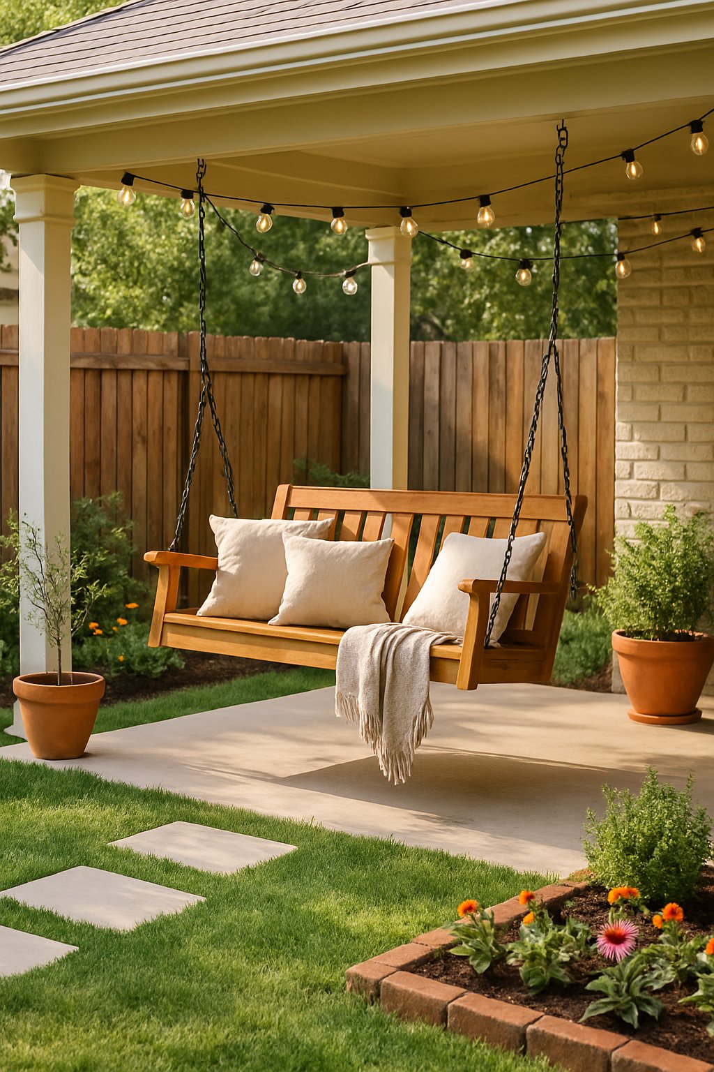 A backyard with a wooden porch swing hanging from a covered patio, surrounded by plants, flowers, and a grassy yard.