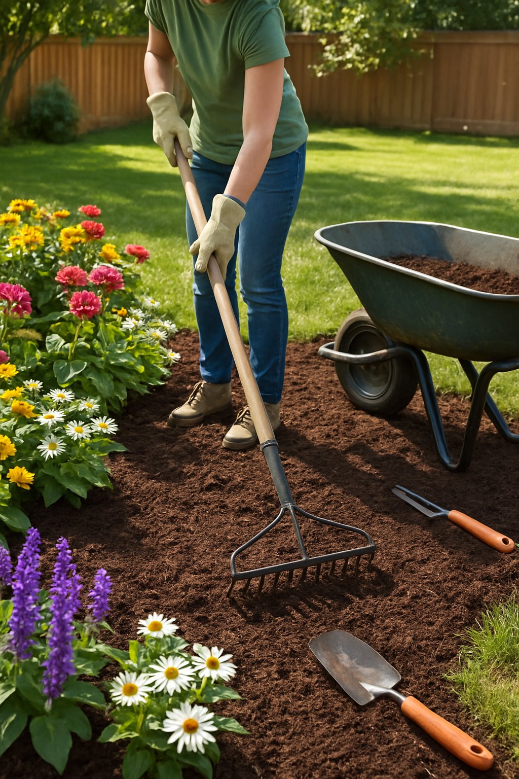 A person spreading fresh mulch around flower beds in a backyard garden with colorful flowers and green plants.