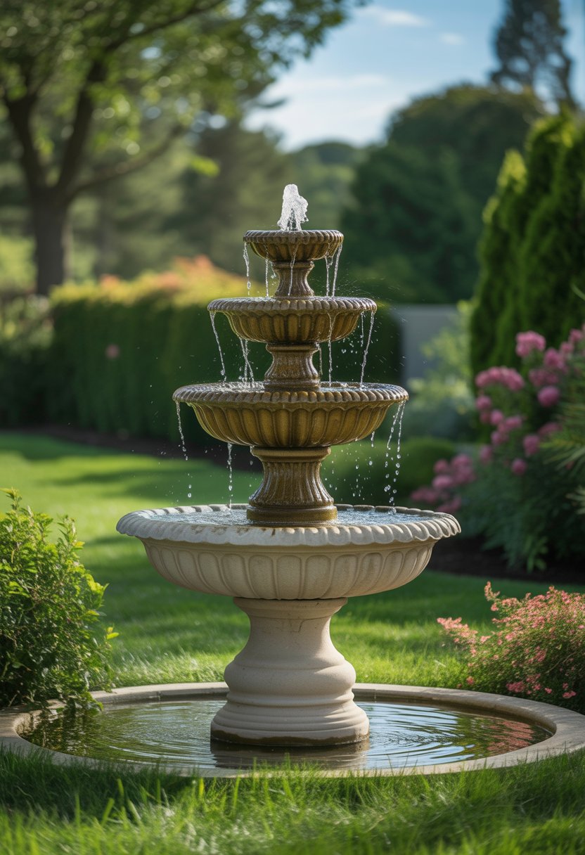 Fountain Ideas | v2 vo1f2 k5vrl A tiered stone fountain with water flowing down multiple levels in a backyard surrounded by plants and trees.