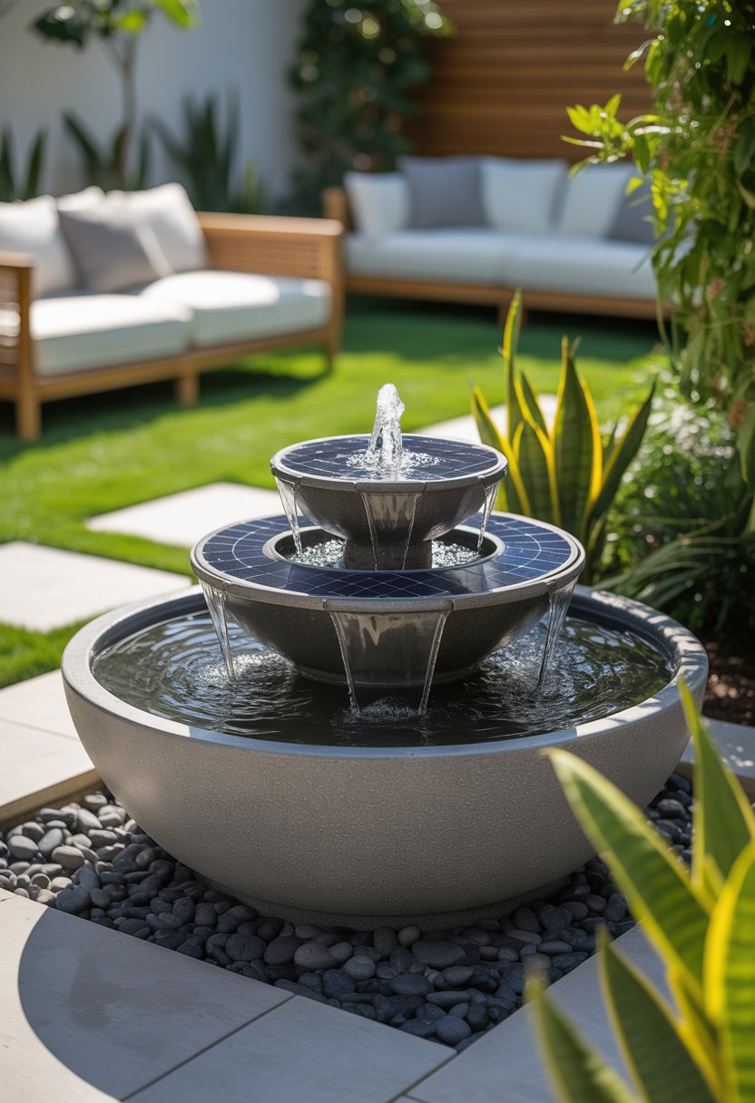 Fountain Ideas | v2 vo1f8 A backyard with a modern solar-powered self-cleaning fountain surrounded by plants and garden decorations.