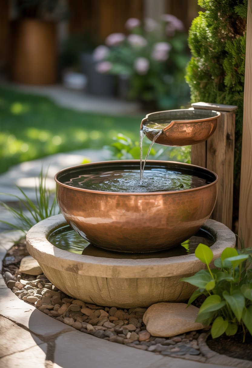 Fountain Ideas | v2 vo1ff 6g0ge A rustic copper bowl fountain with water flowing in a backyard surrounded by plants and natural elements.