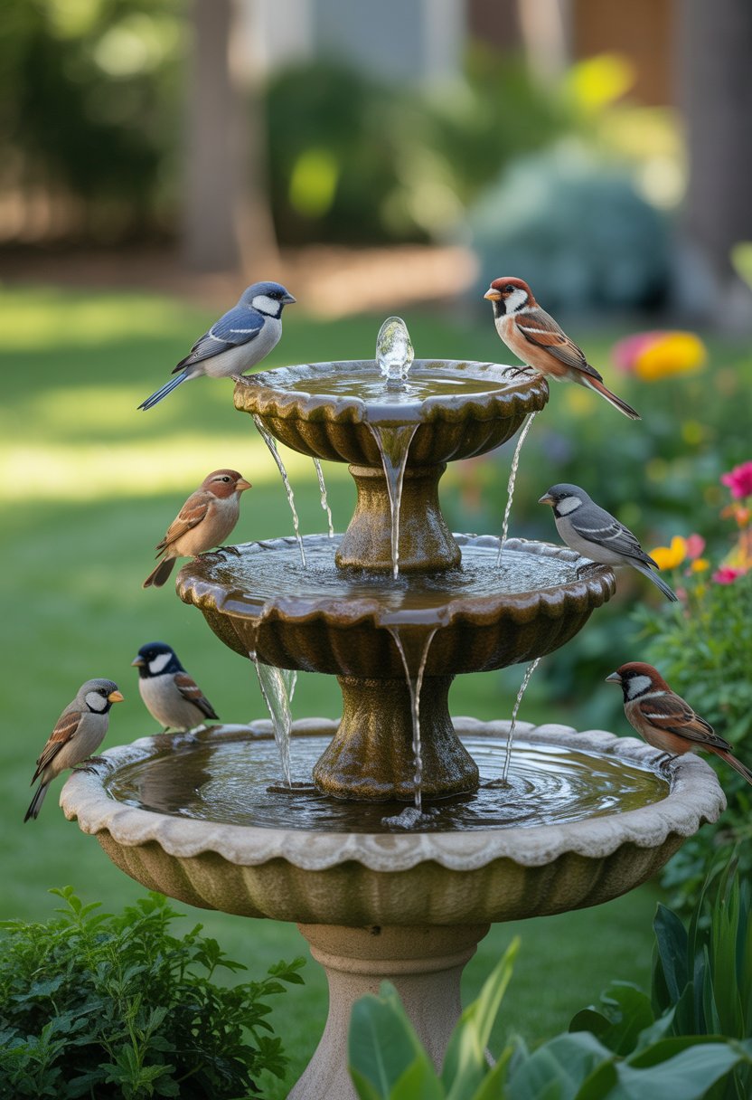 Fountain Ideas | v2 vo1ft i5vy1 A backyard birdbath fountain with flowing water surrounded by plants and small birds perched and drinking.