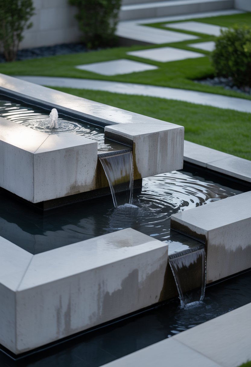 Fountain Ideas | v2 vo1g2 umqso A modern geometric concrete fountain with water flowing, surrounded by greenery and stone pathways in a backyard.