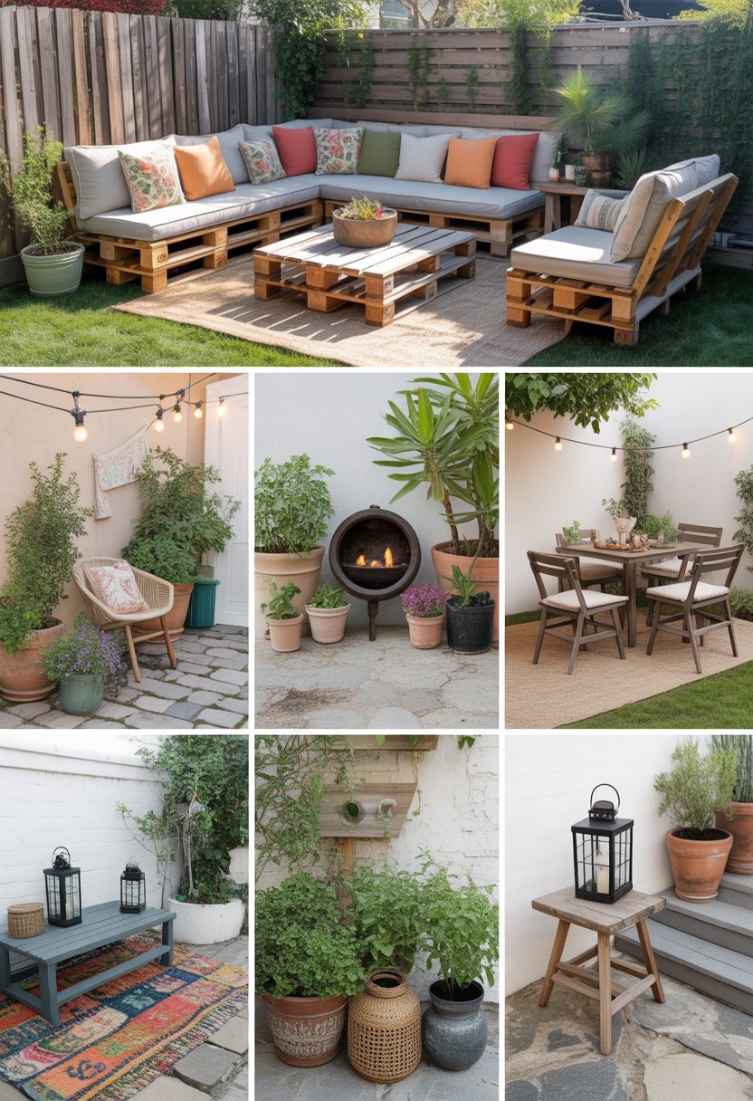 7 Back Patio Ideas on a Budget | v2 vo1hg piumg A backyard patio with seven different affordable design ideas including pallet furniture, a small fire pit, string lights, potted plants, an outdoor dining set, a colorful rug, and decorative lanterns.