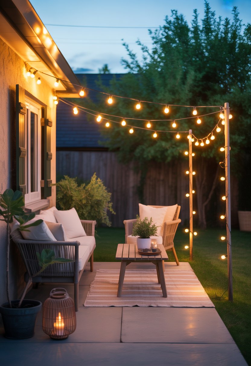 7 Back Patio Ideas on a Budget | v2 vo1ho 9rhpv Back patio with string lights overhead, comfortable seating, and plants in a backyard setting at dusk.