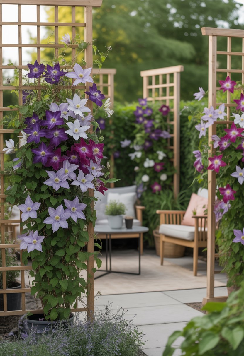 7 Back Patio Ideas on a Budget | v2 vo1i5 s8gtp Back patio with wooden trellises covered in blooming clematis plants providing privacy and color around simple outdoor furniture.