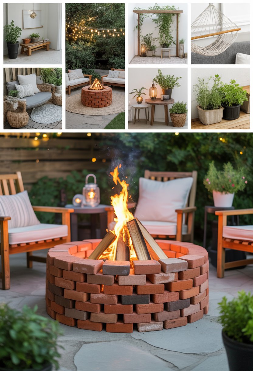 7 Back Patio Ideas on a Budget | v2 vo1ie zeboq A backyard patio with a circular brick fire pit burning fire, surrounded by outdoor chairs, plants, and various simple patio decorations.