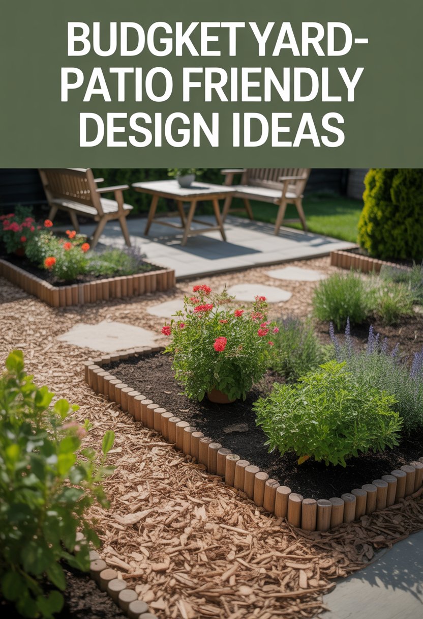 7 Back Patio Ideas on a Budget | v2 vo1iw 7of6i A backyard patio with flower beds outlined by mulch and wooden garden stakes, filled with colorful plants and simple outdoor furniture.