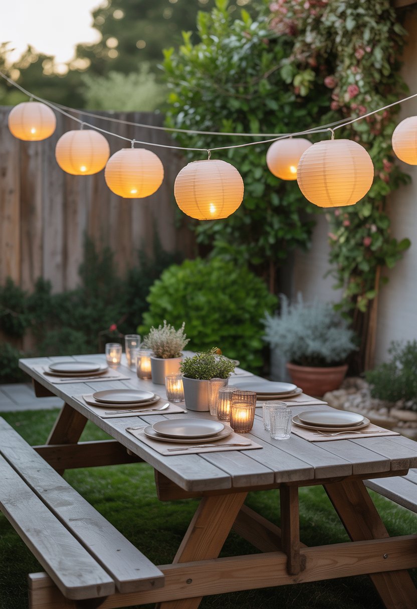 7 Back Patio Ideas on a Budget | v2 vo1j4 fg5jc A wooden picnic table set for casual dining under hanging lanterns on a back patio surrounded by plants.
